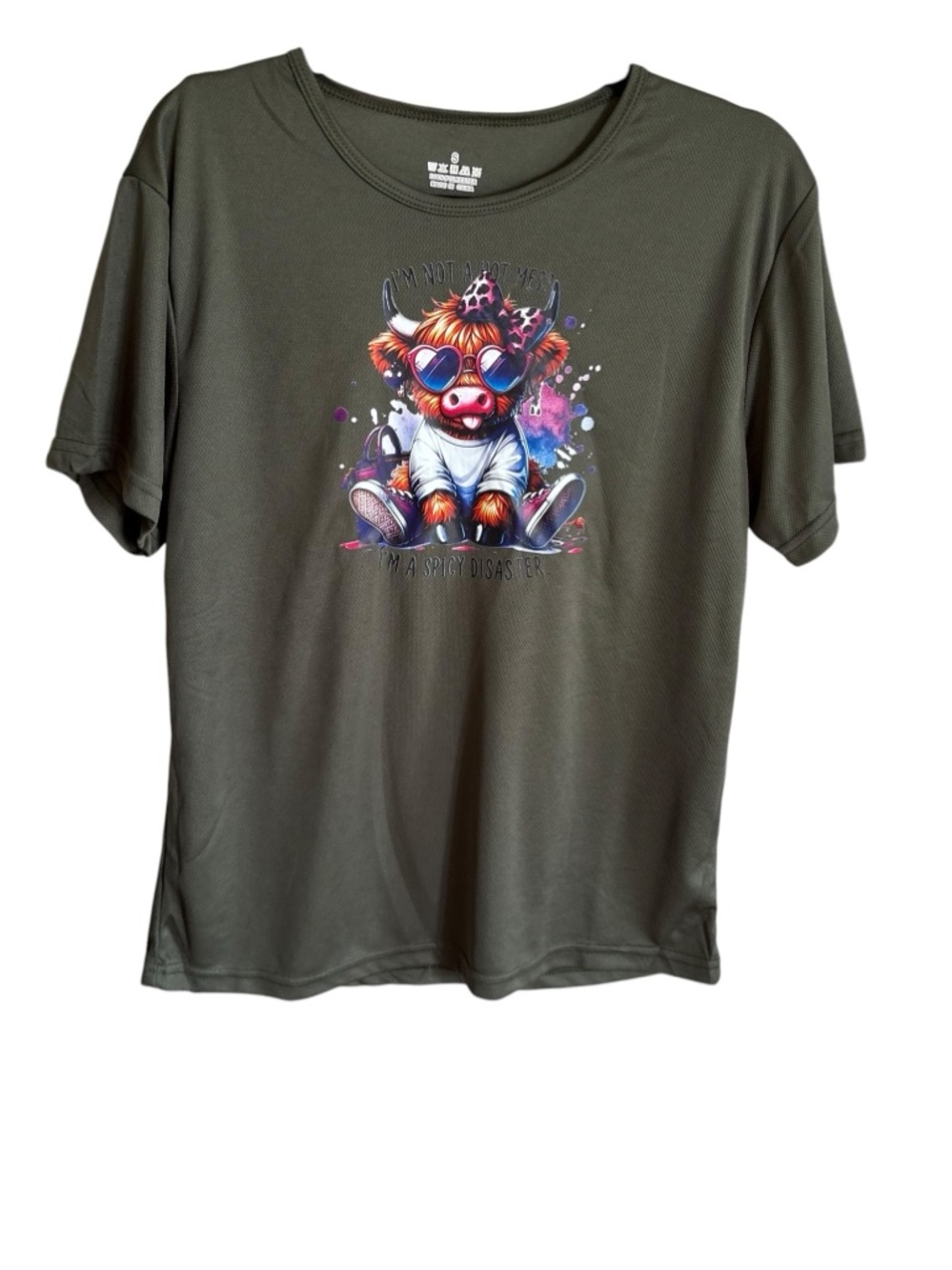 Olive Graphic Tee with Colorful Cow Print
